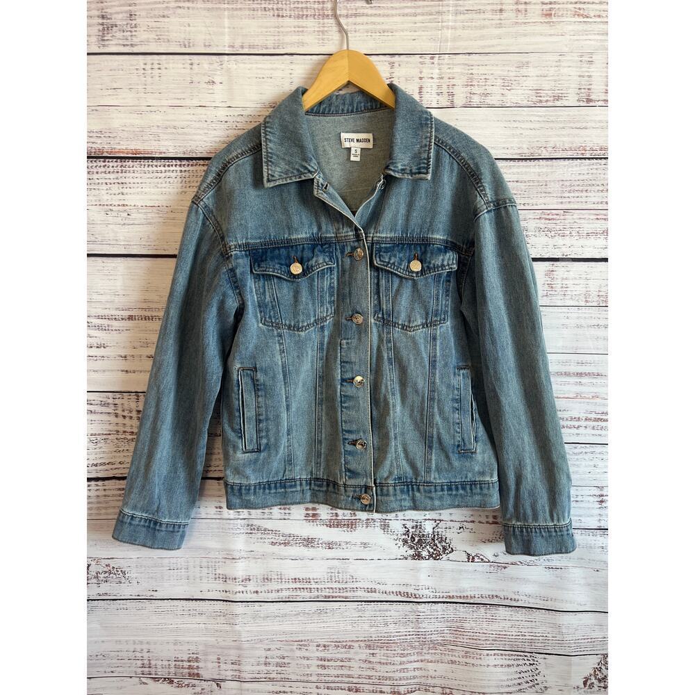 Steve Madden denim jacket trucker-style Jesus Butterfly appliqué on back Small